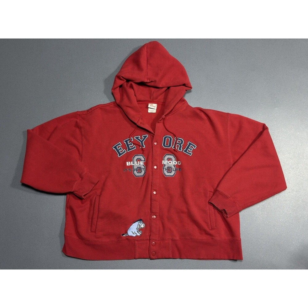 VTG Eeyore Disney Winnie Pooh Button Y2K Snap Front Hoodie Sweatshirt Adult 2XL
